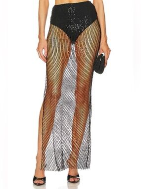 Michael Costello Samara Sheer Black Fishnet Maxi Skirt with High Waist - S